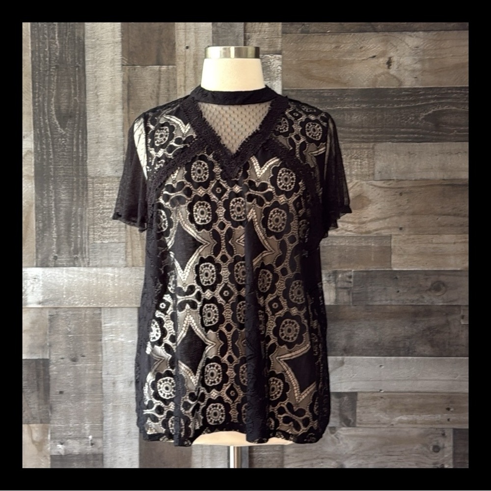 Worthington black floral lace top XLarge elegant dark feminine whimsigoth witchy